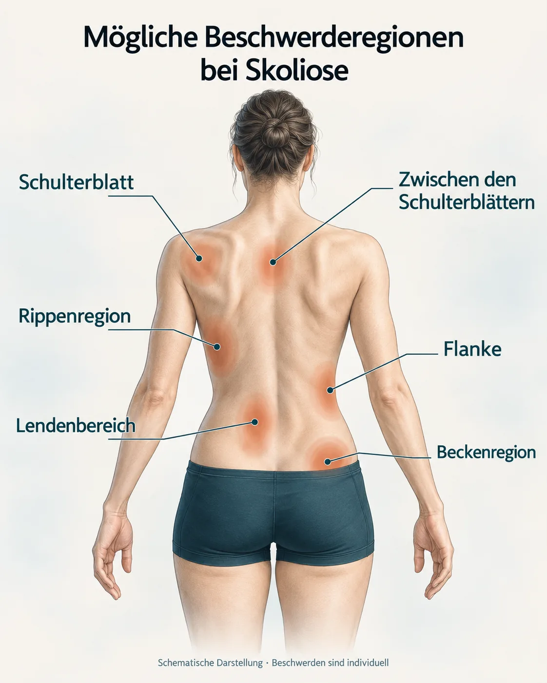 Rückansicht eines Oberkörpers mit markierten möglichen Beschwerderegionen bei Skoliose: Schulterblatt, zwischen den Schulterblättern, Rippenregion, Flanke, Lendenbereich und Beckenregion