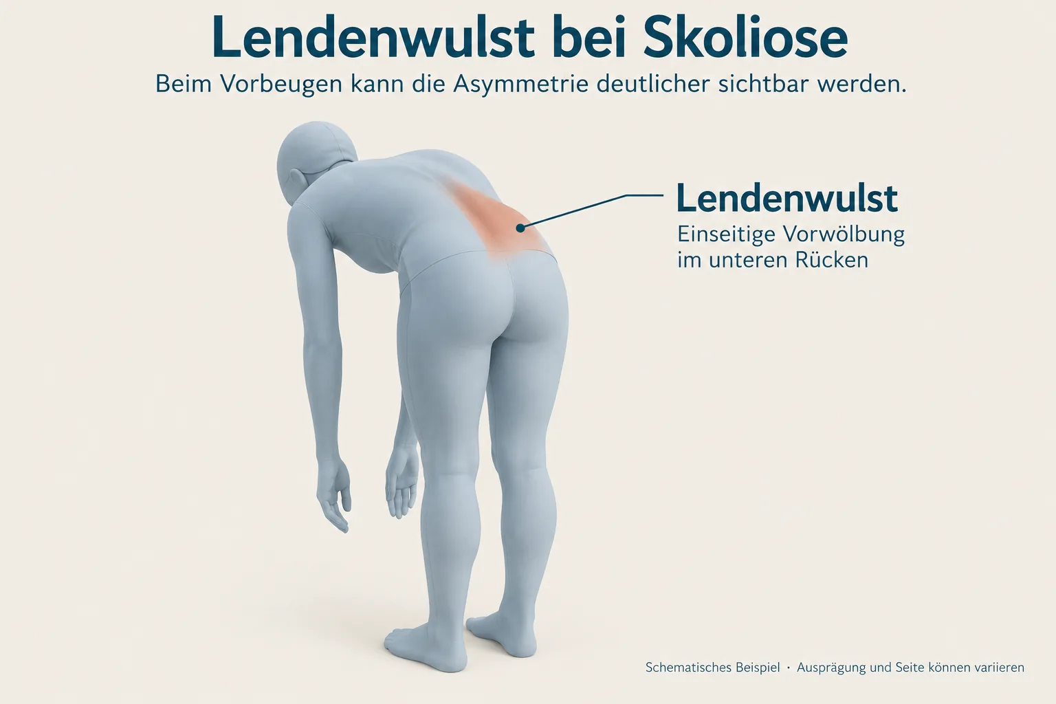 Schematische Darstellung einer vorgebeugten Person von hinten mit markierter einseitiger Vorwölbung im unteren Rücken (Lendenwulst)