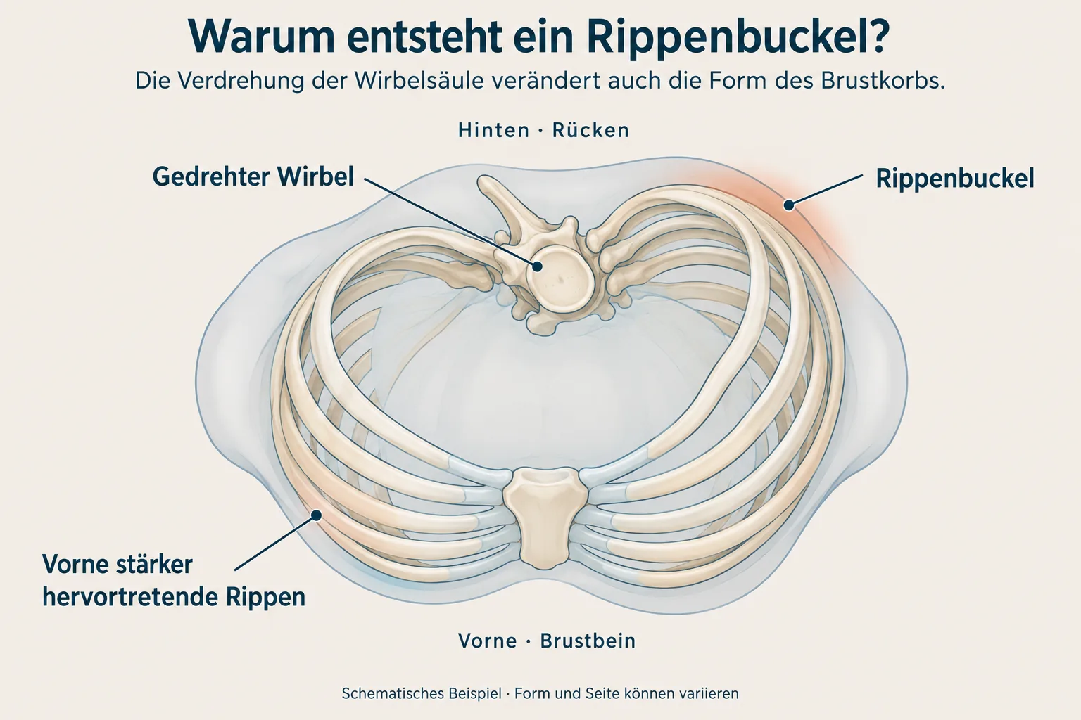 Schematischer Querschnitt des Brustkorbs: gedrehter Wirbel, Rippenbuckel hinten auf einer Seite und vorne stärker hervortretende Rippen auf der Gegenseite